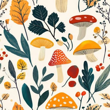 Autumn forest seamless pattern. Fall background with mushrooms, foliage and berries. Autumn mood and atmosphere print for textile, packaging and fabric