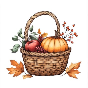 Wicker basket with autumn gifts of nature. Pumpkin, apples, berries and foliage harvest. Cute fall illustration, symbolizes autumn atmosphere and cozy mood