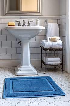 A charming bathroom features a vintage sink, neatly arranged towels, and a blue bath mat on stylish tiles, creating a welcoming atmosphere.
