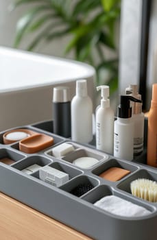 A neatly arranged shelf displays various skincare products and tools, offering a glimpse into a well-organized bathroom setup.