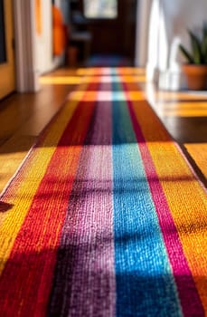A vibrant, colorful runner adds warmth to a sunlit hallway, showcasing bright stripes that brighten the space.