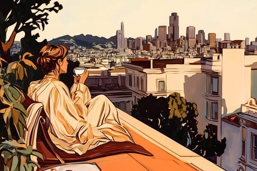 A woman enjoys a warm cup of coffee on her balcony, admiring the stunning view of the Los Angeles skyline at sunrise.