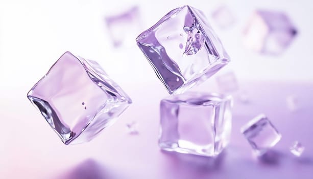 Clear ice cubes hover gracefully in soft purple light, creating a serene and artistic visual effect with reflections.