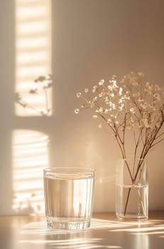 A clear glass of water sits beside a delicate flower arrangement, illuminated by warm sunlight streaming through a window.