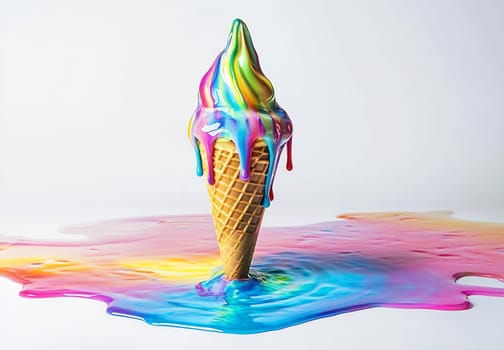 A vibrant ice cream cone is melting, with colorful drips creating a rainbow puddle on a bright surface.