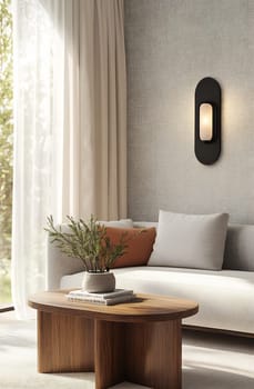A cozy living room features a sleek sofa, green plants, and warm light, creating an inviting space for relaxation and comfort.