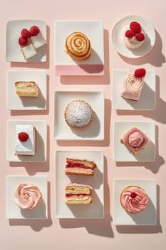 A collection of various pastries and desserts displayed on square plates, featuring cakes and sweets with raspberries.