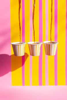 Liquid streams from three cups against a vibrant pink and yellow striped background in a playful display.