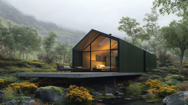 modern gabled house and landscape of the far north. AI generative.
