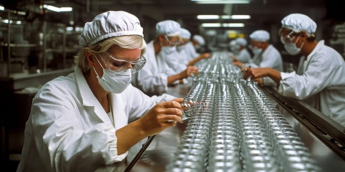 pharmaceutical production line, workers in lab coats and masks . AI generative.