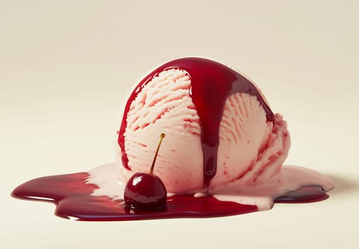 A scoop of ice cream melts slowly, covered in rich cherry sauce, and topped with a cherry on a plain background.