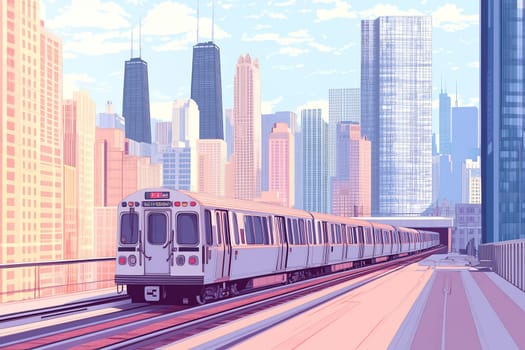 A modern train moves along elevated tracks amidst towering skyscrapers in a bustling city during daylight.