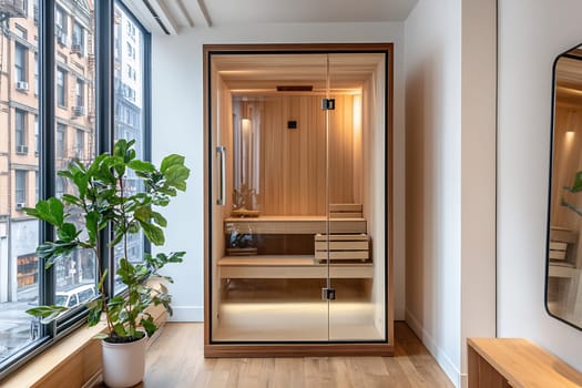 A wooden sauna occupies a sunlit corner of a contemporary studio, surrounded by greenery and large windows overlooking the city.