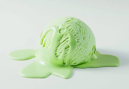 A scoop of green ice cream begins to melt, leaving a puddle of creamy texture on a plain background, showcasing a summer treat.
