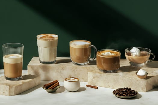A collection of diverse coffee drinks presented on marble surfaces, showcasing styles and flavors in a stylish cafe setting.