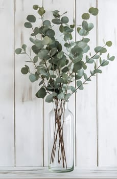 Fresh eucalyptus branches are elegantly arranged in a clear glass vase against a rustic wooden background.