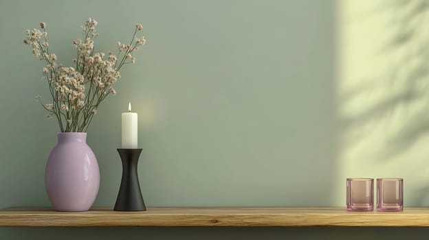 A pastel green wall showcases a styled shelf with a lavender vase, a white candle, and elegant glass holders, creating a serene atmosphere.