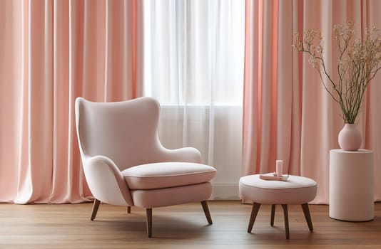 A cozy living room features a modern chair, a small table, and elegant curtains, creating a serene and inviting atmosphere.