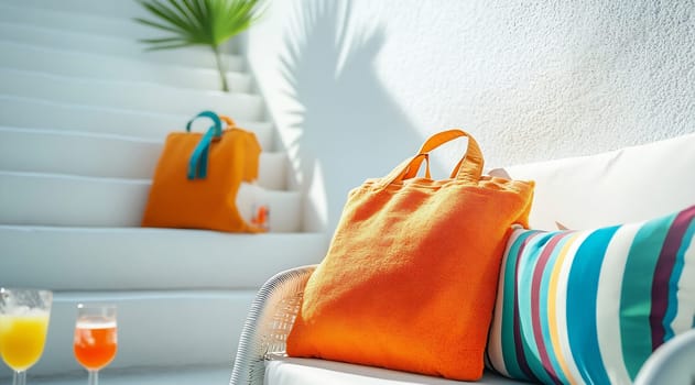 A vibrant outdoor lounging area features plush cushions and energetic accents, inviting relaxation in a sunny setting.