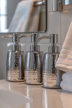 Three elegant silver soap dispensers are arranged neatly on a bathroom sink, accompanied by neatly folded towels.