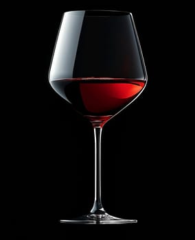 A crystal glass filled with rich red wine stands against a dark background, showcasing its deep color and clarity.