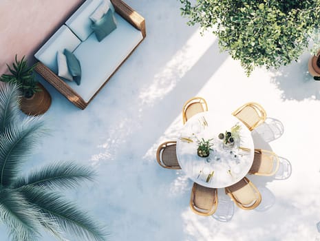 A beautifully arranged outdoor dining table surrounded by wicker chairs, bright sunlight illuminating a garden space.