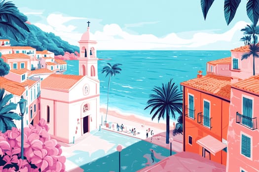 A vibrant coastal village with colorful buildings overlooks the serene ocean, featuring palm trees and a charming church.