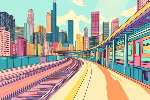 Vibrant urban scene with train tracks winding through a skyline of tall buildings and bright colors in the background.