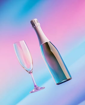 A bottle of sparkling wine stands next to a glass, set against a colorful gradient background.