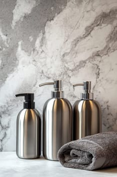 Three metallic bottles with pumps are arranged on a marble countertop next to a folded gray towel, creating a modern bathroom aesthetic.