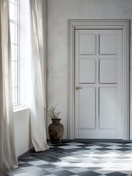 A serene interior space featuring a closed door, natural light through curtains, and a decorative vase, creating a calm atmosphere.