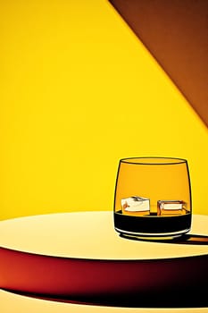 A glass containing ice cubes rests on a round surface against a vibrant yellow backdrop, creating a minimalist aesthetic.