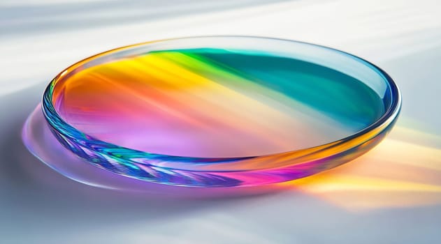 A glass dish showcases vibrant colors as light reflects, creating a stunning display on a surface with smooth textures.