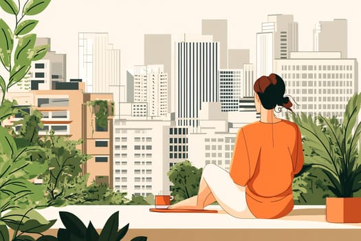 A woman enjoys a peaceful moment on her terrace, overlooking the city skyline surrounded by lush greenery.