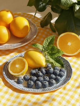 A vibrant assortment of lemons, oranges, and blueberries arranged on a checkered tablecloth with greenery in the background.