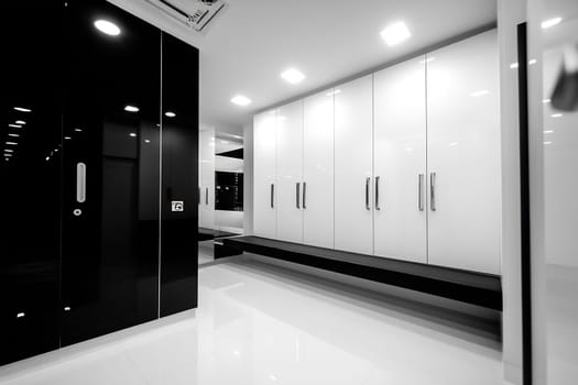 A sleek and contemporary locker room with black and white cabinetry, bright lighting, and spacious seating areas for users.