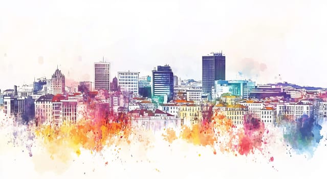 A dynamic city skyline showcases modern buildings blending with bright watercolor effects during the day.