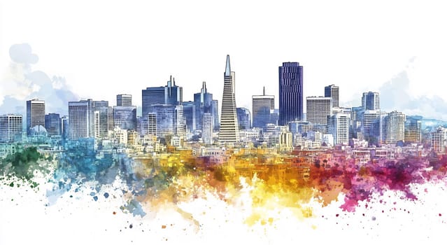 The vibrant skyline of San Francisco showcases iconic buildings, emphasized by colorful splashes of paint that enhance its artistic view.