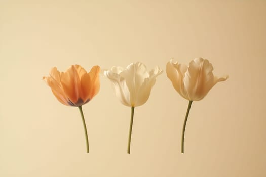 Three tulips in soothing colors stand elegantly against a warm, neutral background, showcasing their natural beauty and grace.