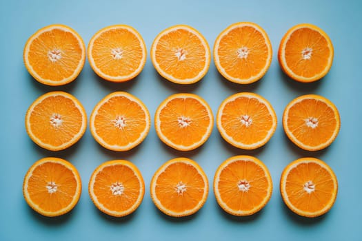 Circular slices of bright oranges arranged neatly against a light blue background, showcasing their vibrant color and texture.