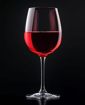 A beautifully crafted glass holds rich red wine, highlighting its color against a sleek black backdrop.