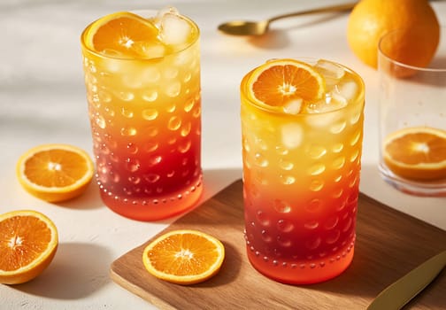Two tall glasses filled with a vibrant orange drink, garnished with ice and orange slices on a wooden board.