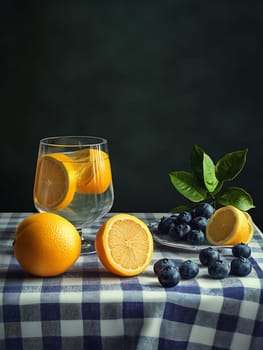 A glass filled with lemon slices sits beside fresh blueberries and whole lemons on a checkered tablecloth in a cozy setting.
