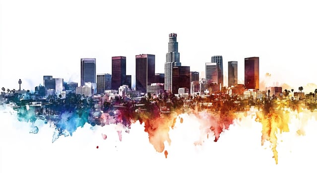 A colorful watercolor representation of the Los Angeles skyline, capturing its iconic buildings and urban landscape in a stunning artistic style.