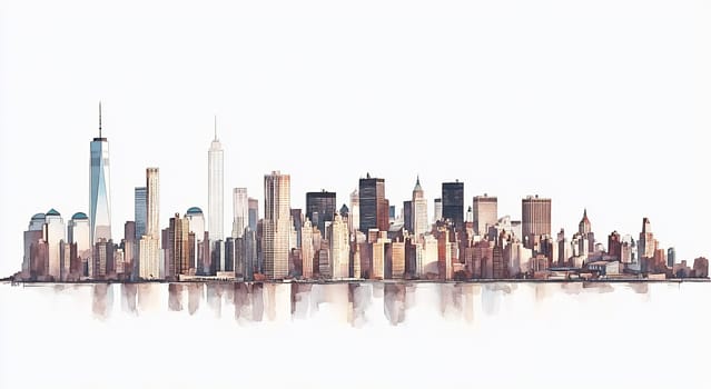 The skyline of New York City features iconic buildings during a vibrant sunset, reflecting a blend of colors in the sky.