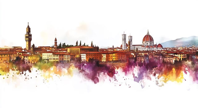 The vibrant skyline of Florence displays historical architecture against a colorful sunset backdrop, showcasing the city's beauty.