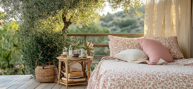 A charming outdoor bedroom features a floral quilt, soft cushions, and a small table adorned with plants and books, surrounded by greenery.