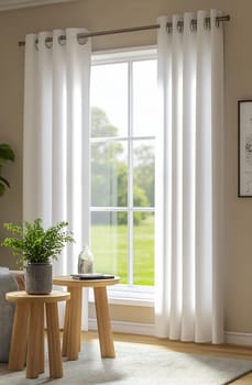 A cozy living room showcases sheer white curtains by a window, allowing natural light to fill the space, complemented by wooden furniture.