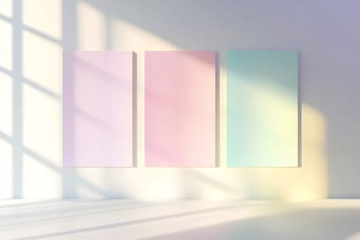Three pastel-colored panels are illuminated by sunlight, creating a serene atmosphere in a bright, airy room.