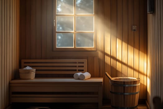Sunlight filters through a window in a cozy sauna, illuminating wooden benches and a bucket, creating a peaceful atmosphere.